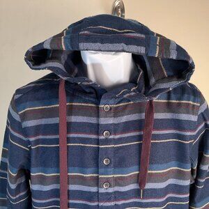 Marmot Men's blue, burgundy & gold striped Hooded Flannel shirt S jacket EUC